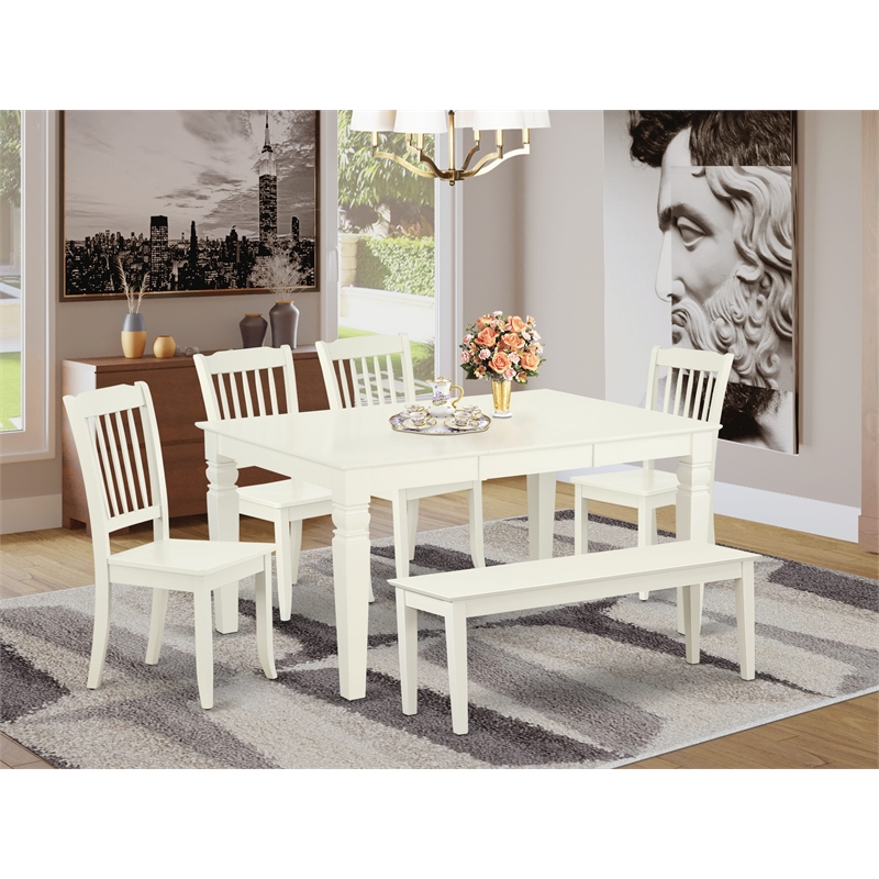 East West Furniture Kitchen Table/4 Wood Chair/1 Bench in Linen White