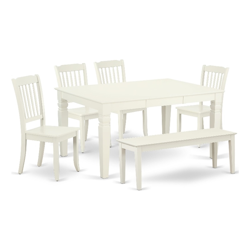 East West Furniture Kitchen Table/4 Wood Chair/1 Bench in Linen White
