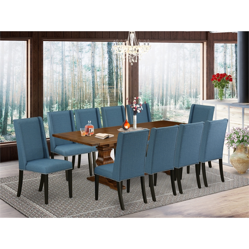 East West Furniture Dining Table and 10 Blue Modern Chair in Antique Walnut