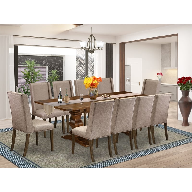 East West Furniture 11-Piece Dining Set in Antique Walnut/Dark Khaki