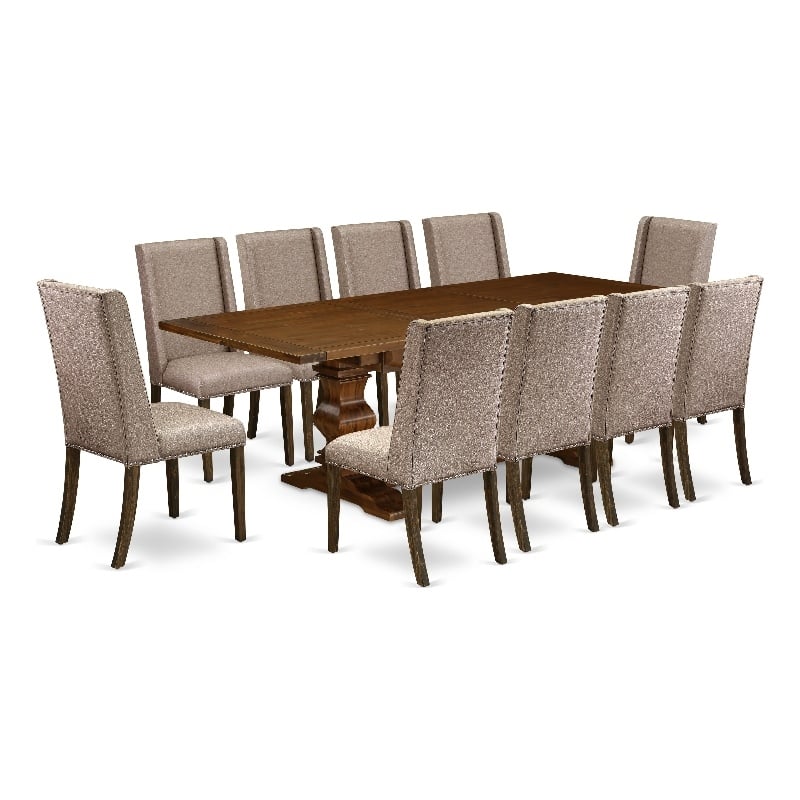 East West Furniture 11-Piece Dining Set in Antique Walnut/Dark Khaki