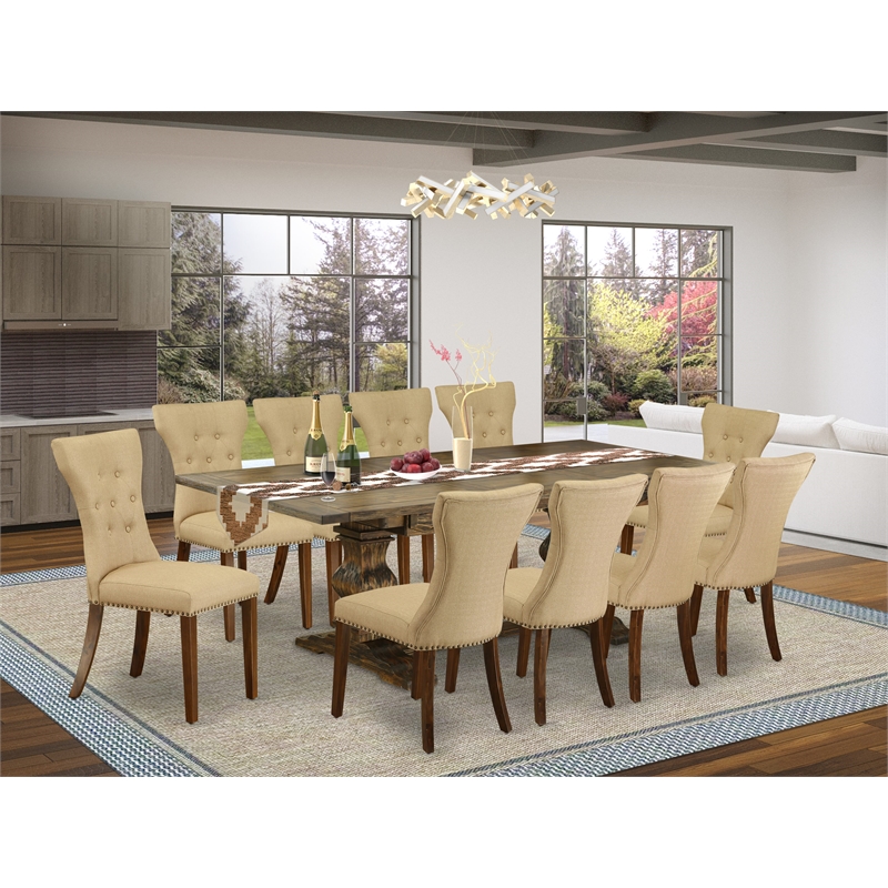 East West Furniture Dining Table and 10 Brown Chair in Distressed Jacobean