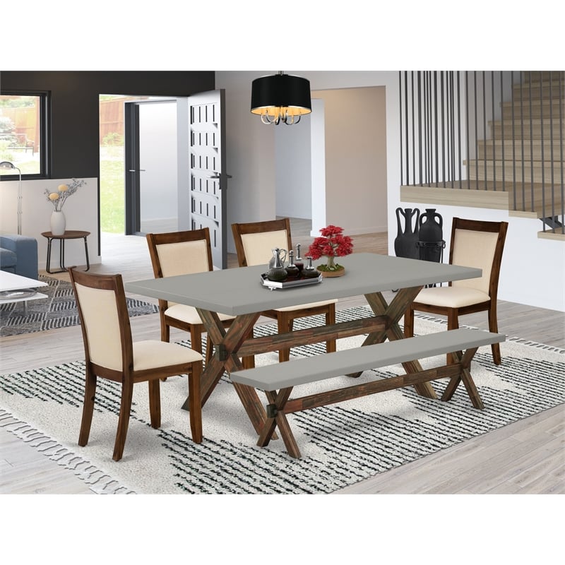 East West Furniture Table/4 Light Beige Chair/1 Bench in Distressed Jacobean