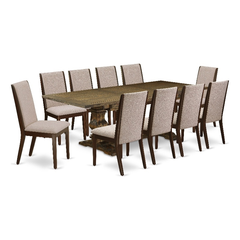 East West Furniture Wood Table and 10 Light Tan Chair in Distressed Jacobean
