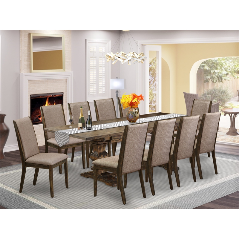 East West Furniture Dining Table and 10 Dark Khaki Chair in Distressed Jacobean