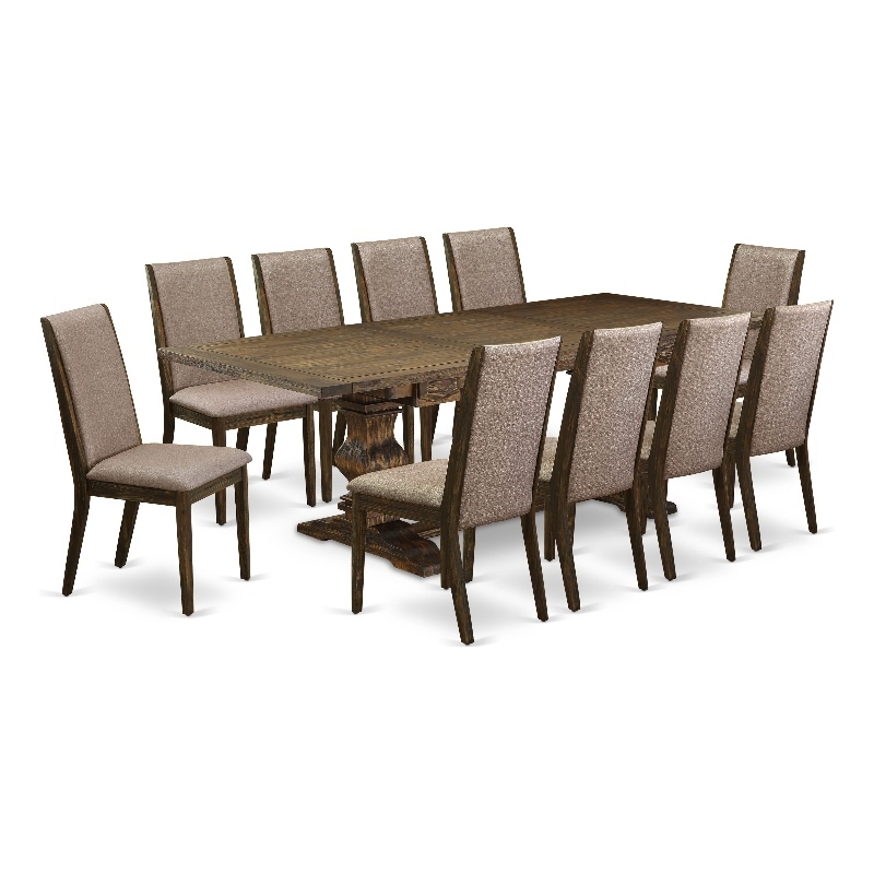 East West Furniture Dining Table and 10 Dark Khaki Chair in Distressed Jacobean