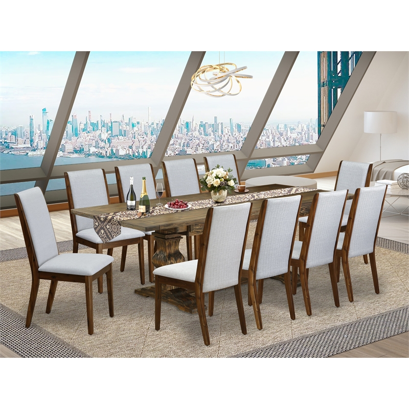 East West Furniture Dinner Table and 10 Gray Dining Chair in Distressed Jacobean