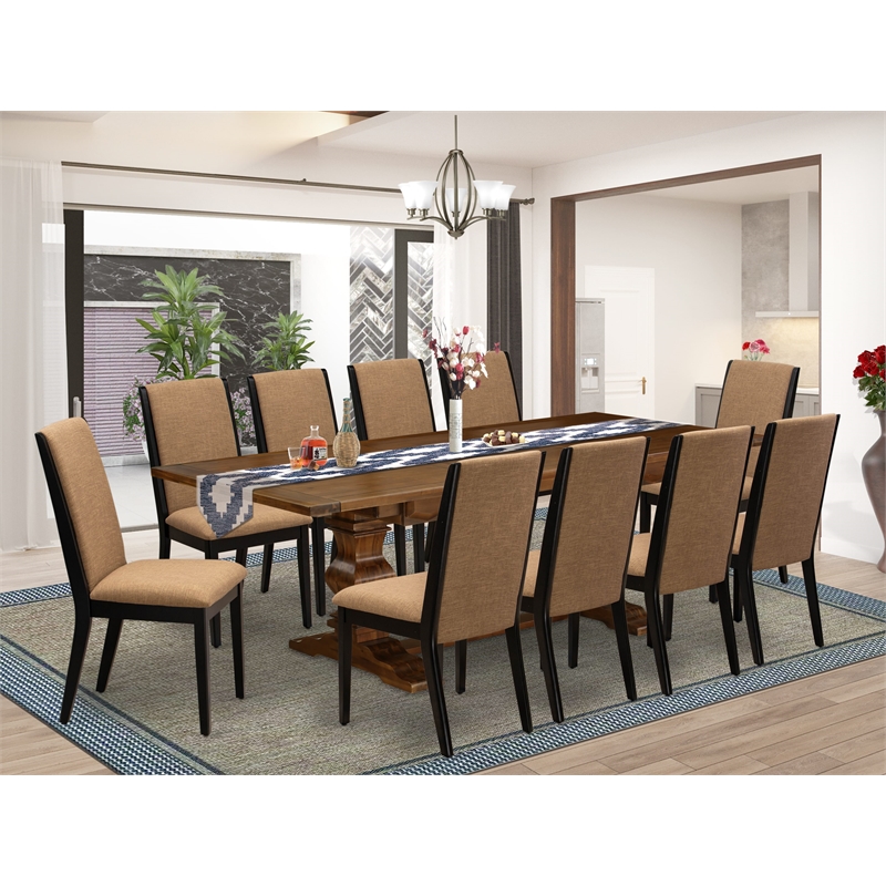 East West Furniture Dining Table and 10 Light Sable Chair in Antique Walnut