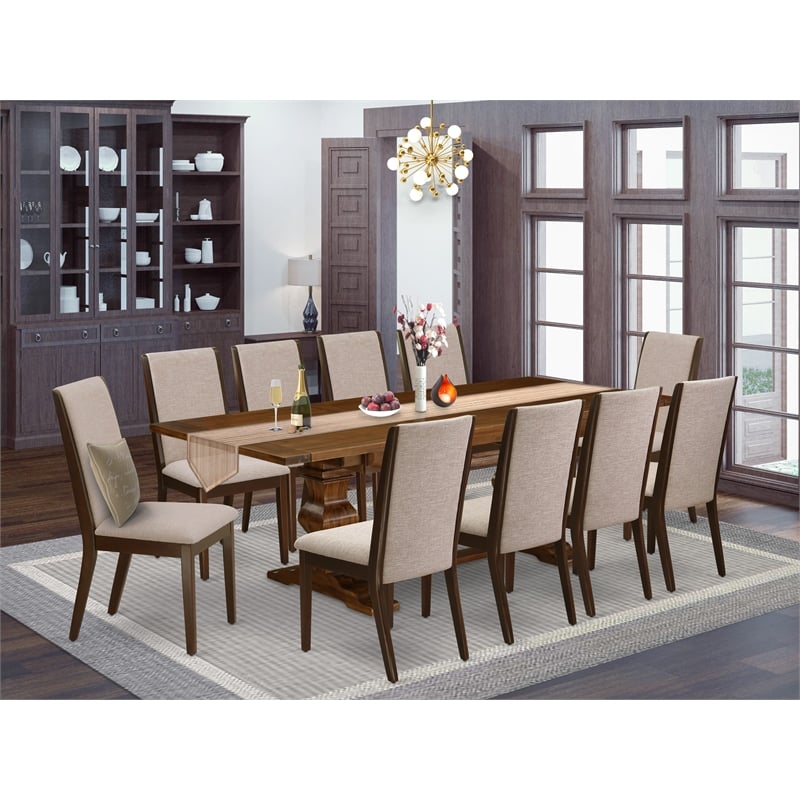 East West Furniture Dinner Table and 10 Light Tan Chair in Antique Walnut