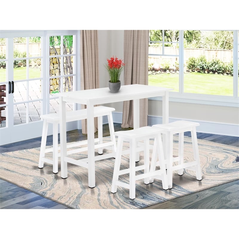 East West Furniture Table/2 Stools/1 Bench in Wire Brushed Bright White