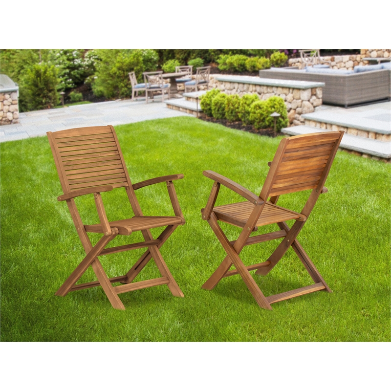East West Furniture 2-Piece Outdoor Folding Arm Chair in Natural Oil