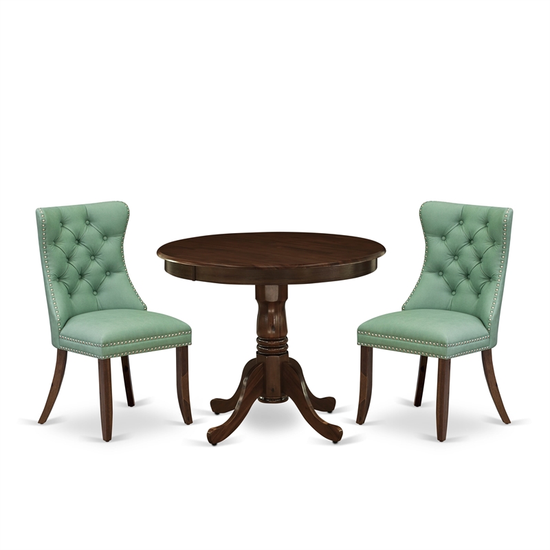 East West Furniture 3-Piece Kitchen Table Set in Antique Walnut/Willow Green
