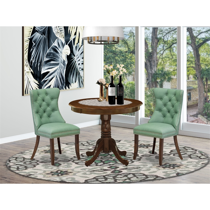 East West Furniture 3-Piece Kitchen Table Set in Antique Walnut/Willow Green