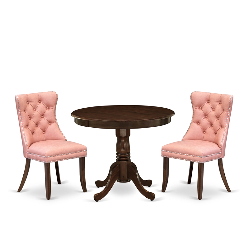 East West Furniture 3-Piece Dining Set in Antique Walnut/Beige Red