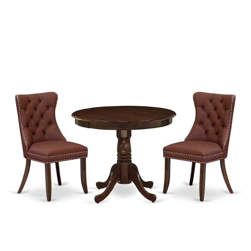 East West Furniture 3-Piece Dining Set in Antique Walnut/Burgundy