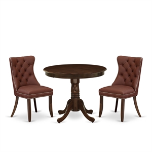East West Furniture 3-Piece Dining Set in Antique Walnut/Burgundy