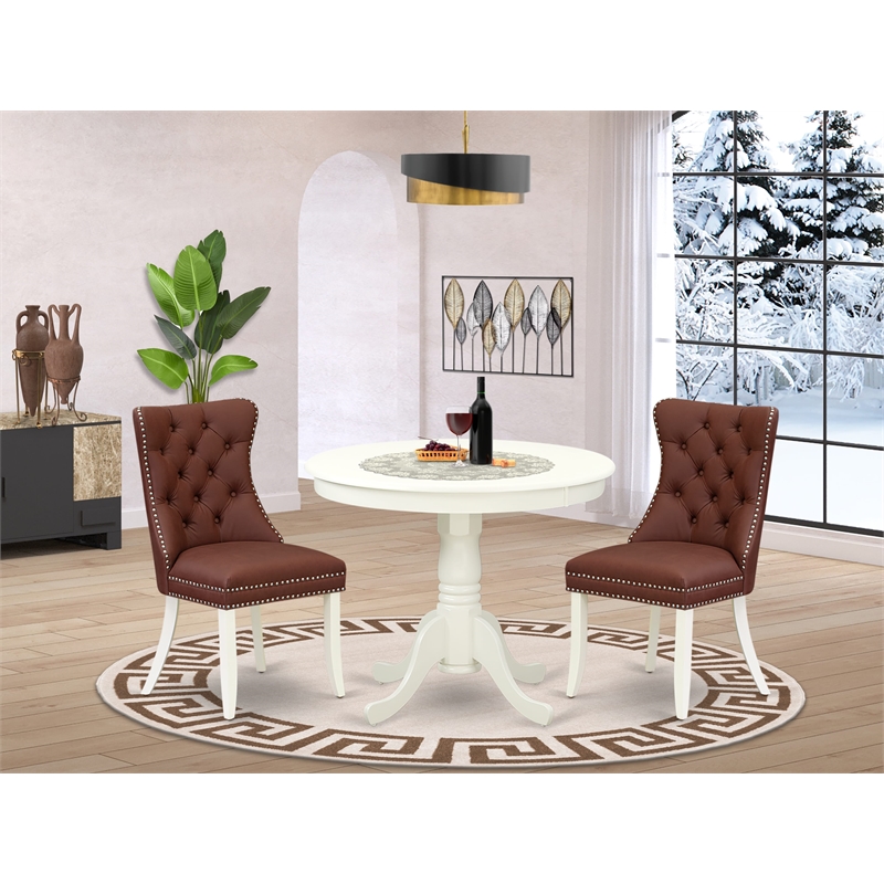 East West Furniture 3-Piece Dining Set for Small Spaces in Linen White/Burgundy