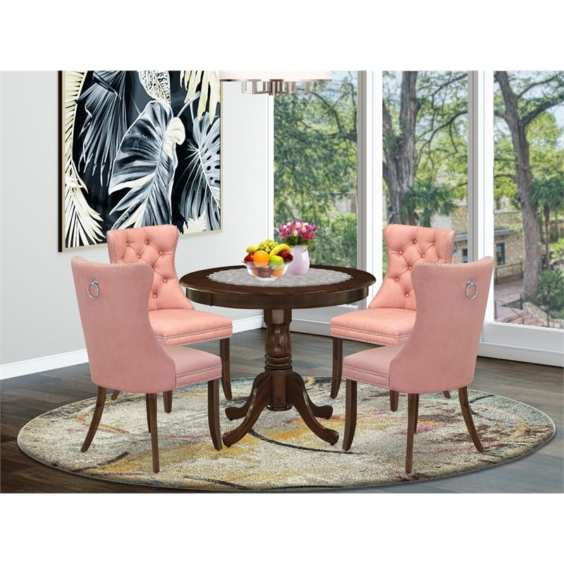 East West Furniture 5-Piece Dinette Set in Antique Walnut/Beige Red