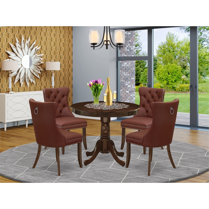 East West Furniture 5-Piece Kitchen Table Set in Antique Walnut/Burgundy