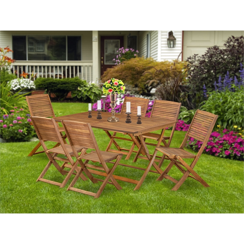 East West Furniture 7-Piece Patio Dining Set in Natural Oil