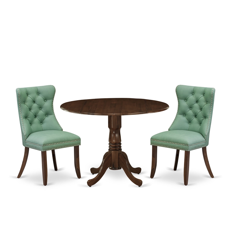 East West Furniture 3-Piece Kitchen Table Set in Antique Walnut/Willow Green