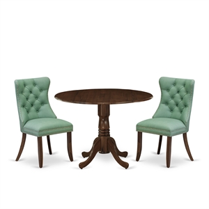 East West Furniture 3-Piece Kitchen Table Set in Antique Walnut/Willow Green