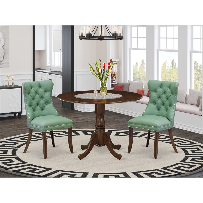 East West Furniture 3-Piece Kitchen Table Set in Antique Walnut/Willow Green