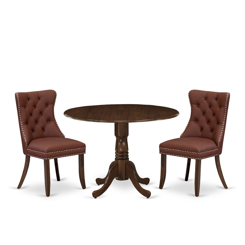 East West Furniture 3-Piece Dining Table Set in Antique Walnut/Burgundy