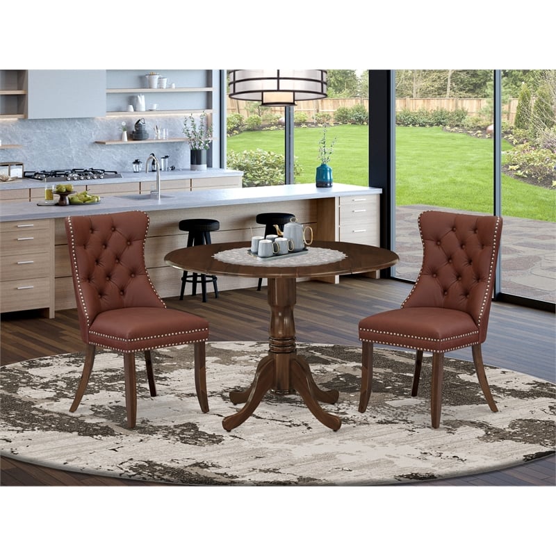 East West Furniture 3-Piece Dining Table Set in Antique Walnut/Burgundy