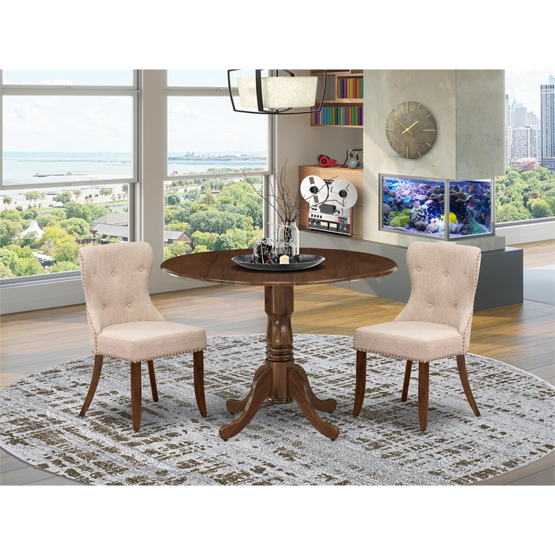 East West Furniture 3-Piece Dining Set in Antique Walnut/Light Tan