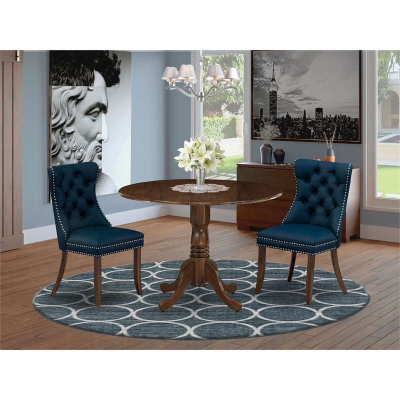 East West Furniture 3-Piece Dining Set in Antique Walnut/Navy Blue