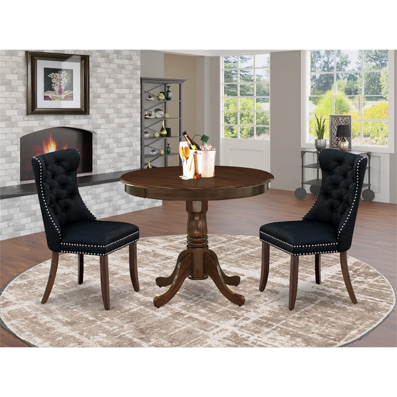 East West Furniture 3-Piece Kitchen Table Set in Antique Walnut/Black