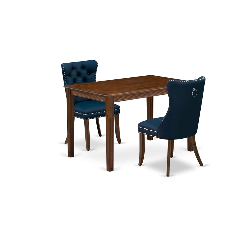 East West Furniture 3-Piece Dining Table Set  in Antique Walnut/Navy Blue