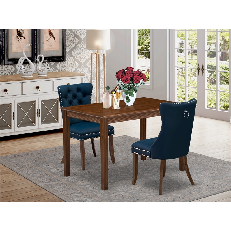 East West Furniture 3-Piece Dining Table Set  in Antique Walnut/Navy Blue