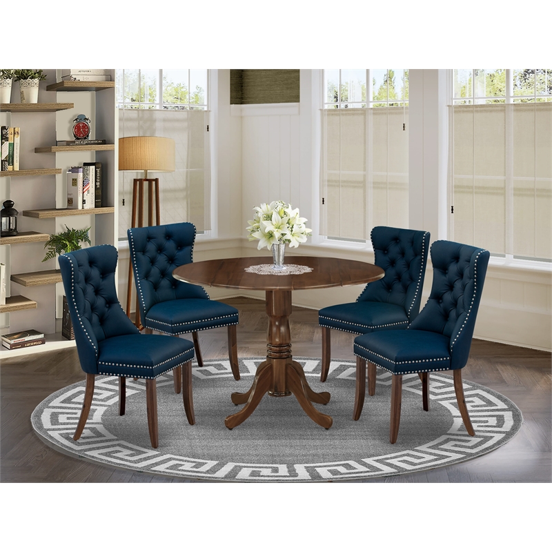 East West Furniture 5-Piece Kitchen Table Set in Antique Walnut/Navy Blue