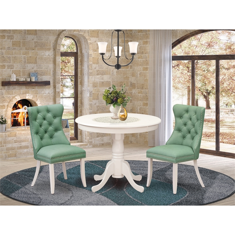 East West Furniture 3-Piece Dining Table Set  in Linen White/Willow Green
