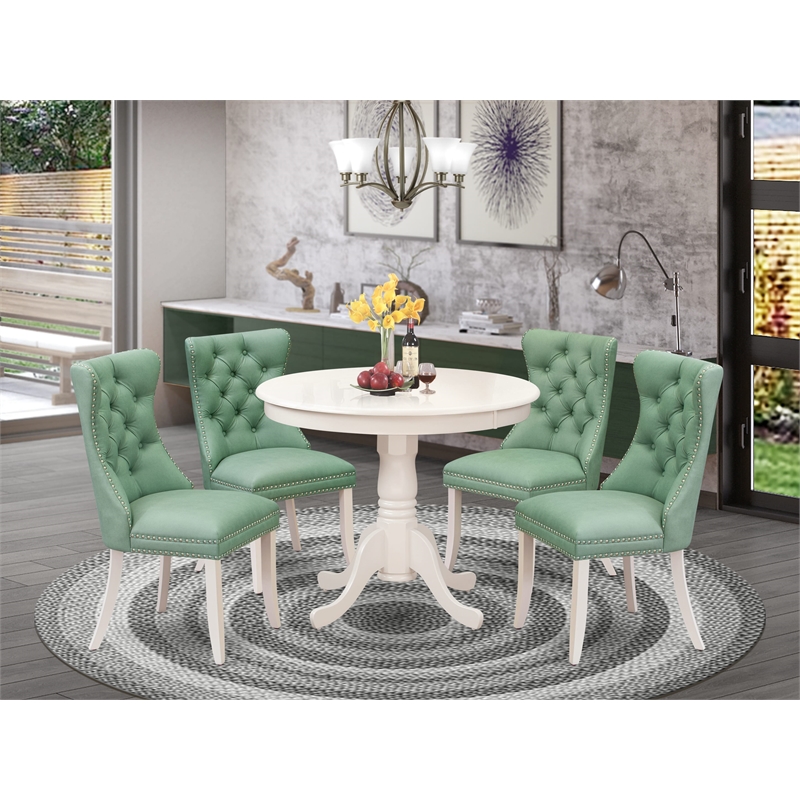 East West Furniture 5-Piece Dining Set in Linen White/Willow Green