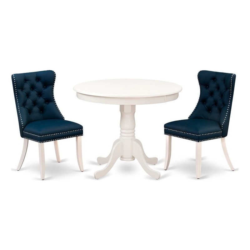 East West Furniture 3-Piece Dining Room Set in Linen White/Navy Blue