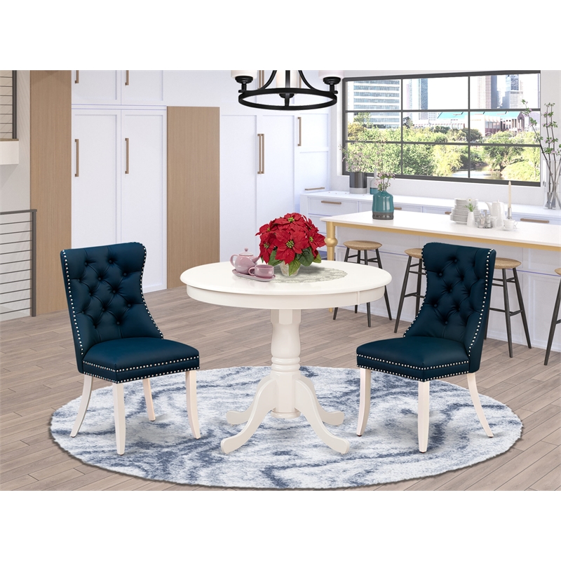 East West Furniture 3-Piece Dining Room Set in Linen White/Navy Blue