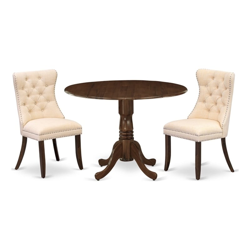 East West Furniture 3-Piece Dining Table Set in Antique Walnut/Light Beige