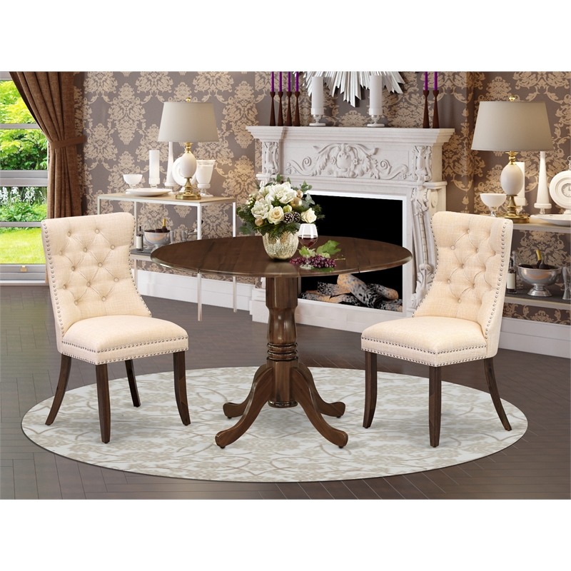 East West Furniture 3-Piece Dining Table Set in Antique Walnut/Light Beige