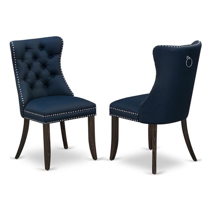 East West Furniture Faux Leather Parson Dining Chair in Navy Blue (Set of 2)