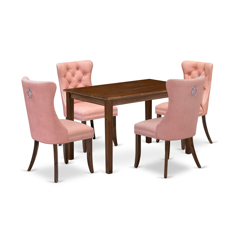 East West Furniture 5-Piece Dining Table Set in Beige Red/Antique Walnut