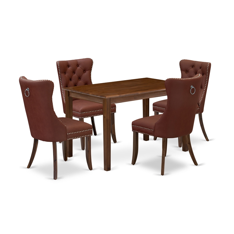 East West Furniture 5-Piece Dining Room Set in Burgundy/Antique Walnut