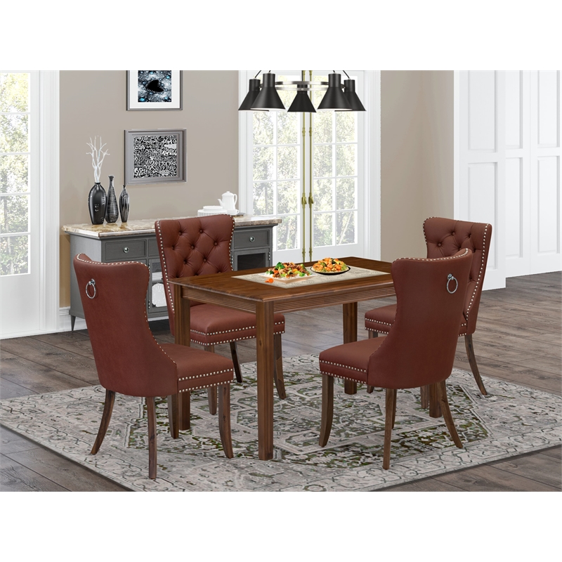 East West Furniture 5-Piece Dining Room Set in Burgundy/Antique Walnut