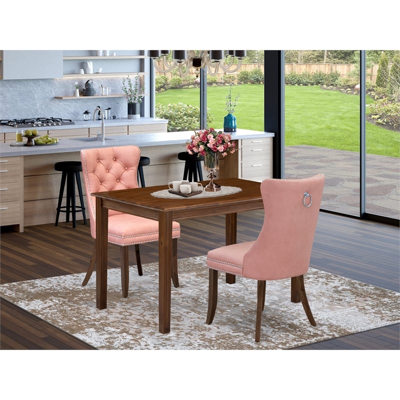 East West Furniture 3-Piece Kitchen Table Set in Beige Red/Antique Walnut