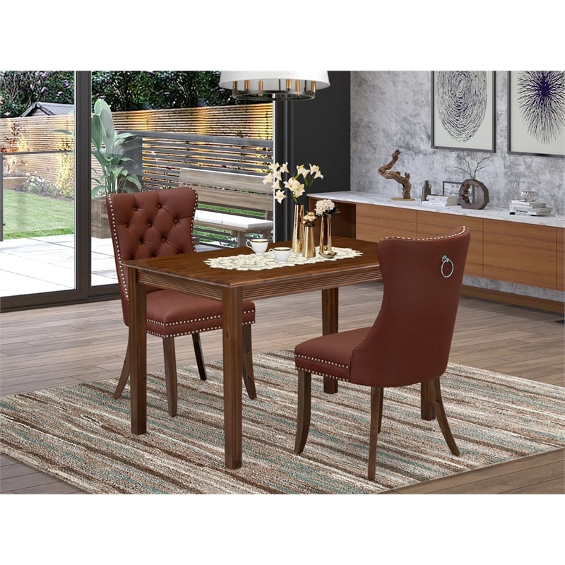 East West Furniture 3-Piece Dining Set in Burgundy/Antique Walnut