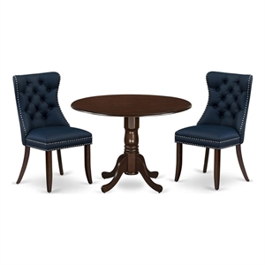 East West Furniture 3-Piece Modern Dining Table Set in Mahogany/Navy Blue