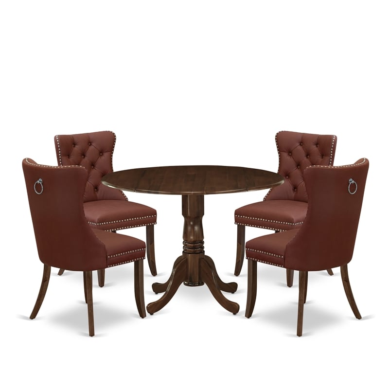 East West Furniture 5-Piece Dinette Set in Antique Walnut/Burgundy