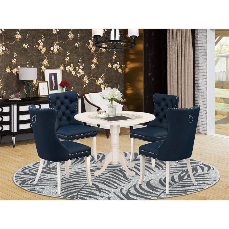 East West Furniture 5-Piece Dining Table Set  in Linen White/Navy Blue